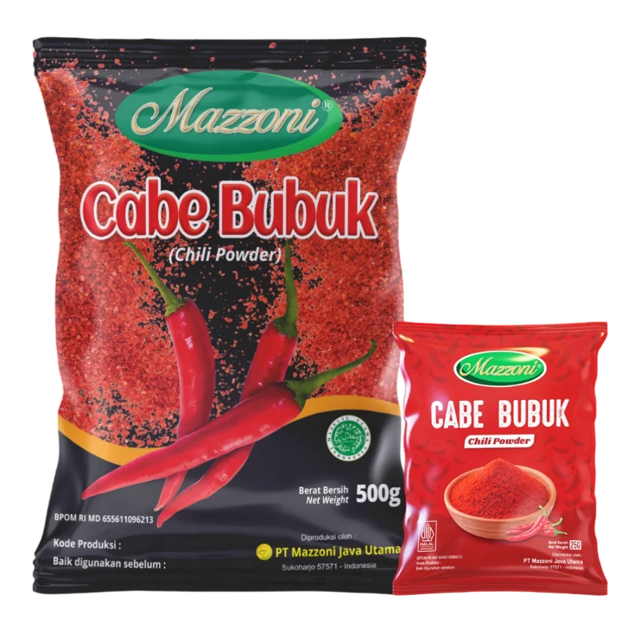Kemasan Mazzoni Cabe Bubuk 500 gram dan sachet 25 gram