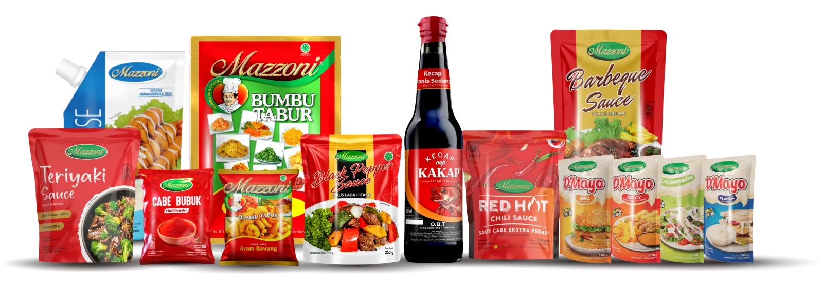Rangkaian produk Mazzoni: Cabe Bubuk, Bumbu Tabur Balado, Kecap Cap Kakap, Mayonnaise, dan Barbeque Sauce