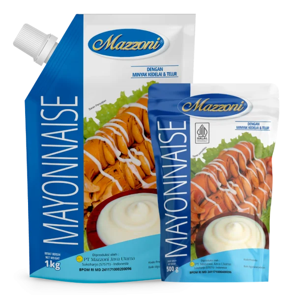 Kemasan Mazzoni Mayonnaise, pouch bertutup ulir 500 gram dan 1 kg